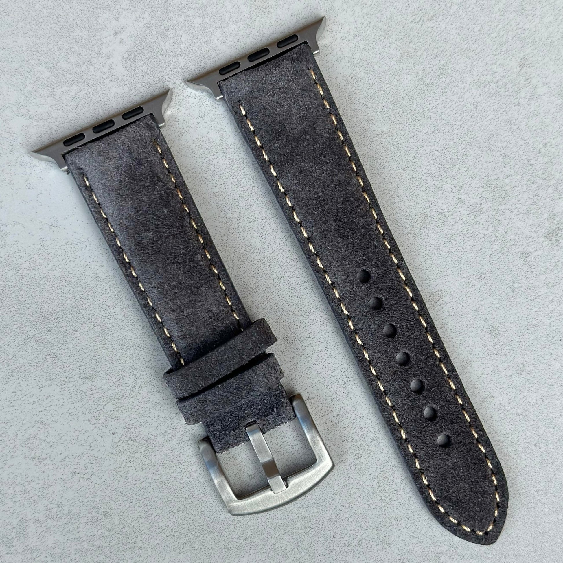 Paris gunmetal grey suede Apple Watch strap. Apple Watch Series 3, 4, 5, 6, 7, 8, 9, SE and Ultra. Watch And Strap