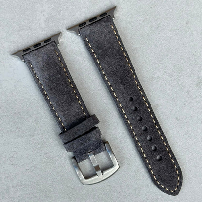 Paris gunmetal grey suede Apple Watch strap. Apple Watch Series 3, 4, 5, 6, 7, 8, 9, SE and Ultra. Watch And Strap