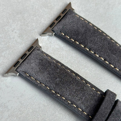 Top of the Paris grey suede Apple Watch strap. Padded Apple Watch strap with contrast ivory stitching. Watch And Strap