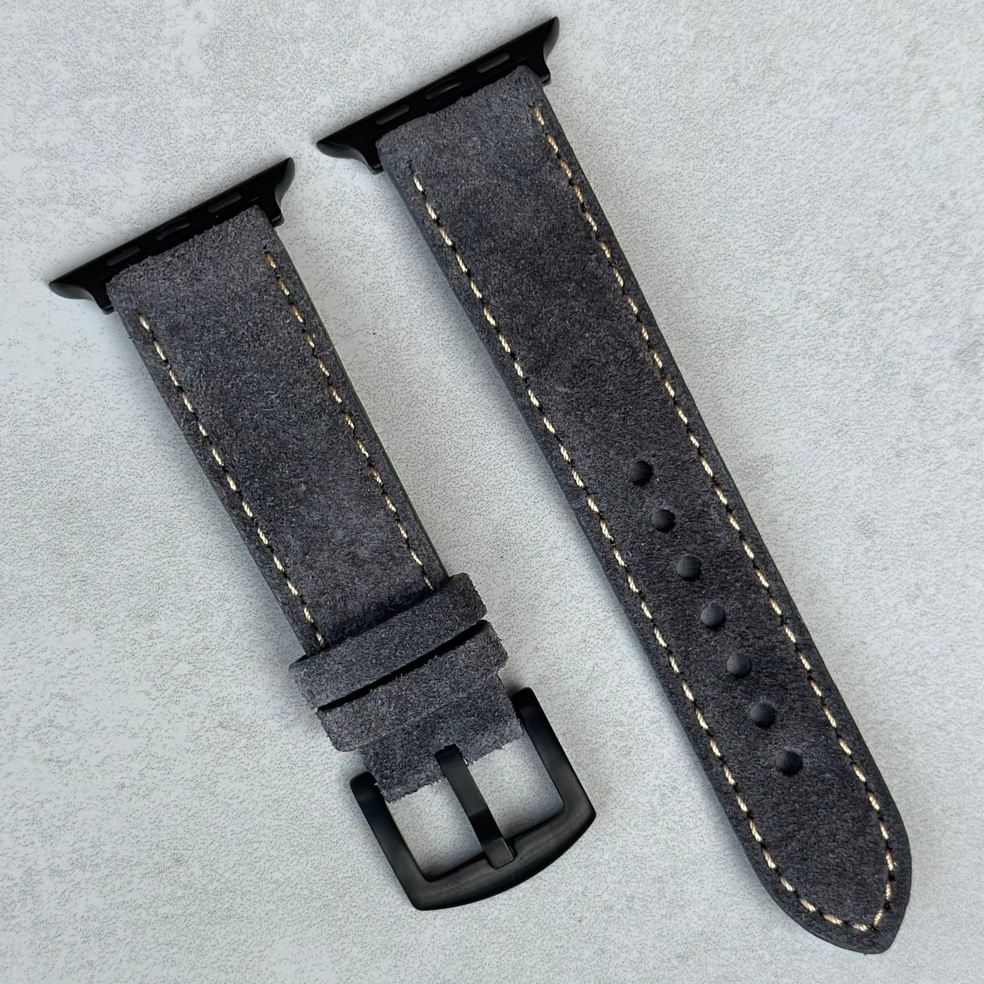 Paris gunmetal grey suede Apple Watch strap with PVD black stainless steel hardware. Series 3, 4, 5, 6, 7, 8, 9, SE And Ultra