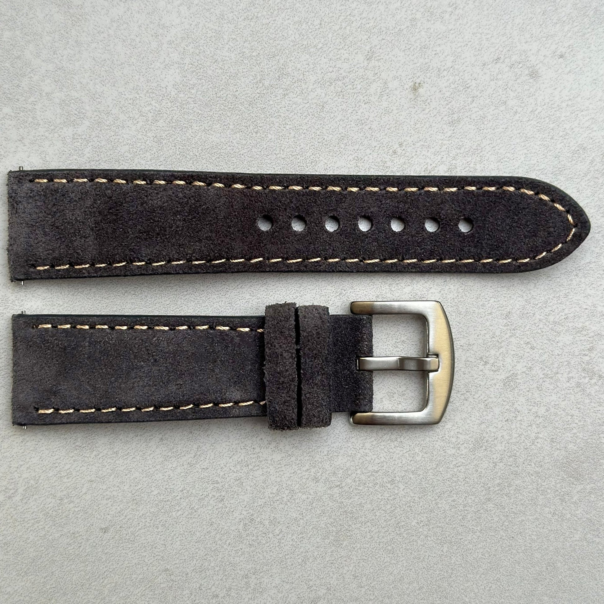 Paris gunmetal suede watch strap. Contrast ivory stitching. 18mm, 20mm, 22mm, 24mm. Stainless steel buckle. Watch And Strap.