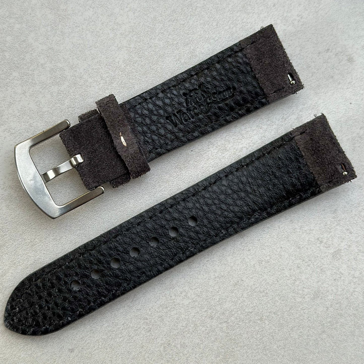 Rear of the Paris gunmetal grey suede watch strap. Watch And Strap logo. Quick release spring bars. Watch And Strap