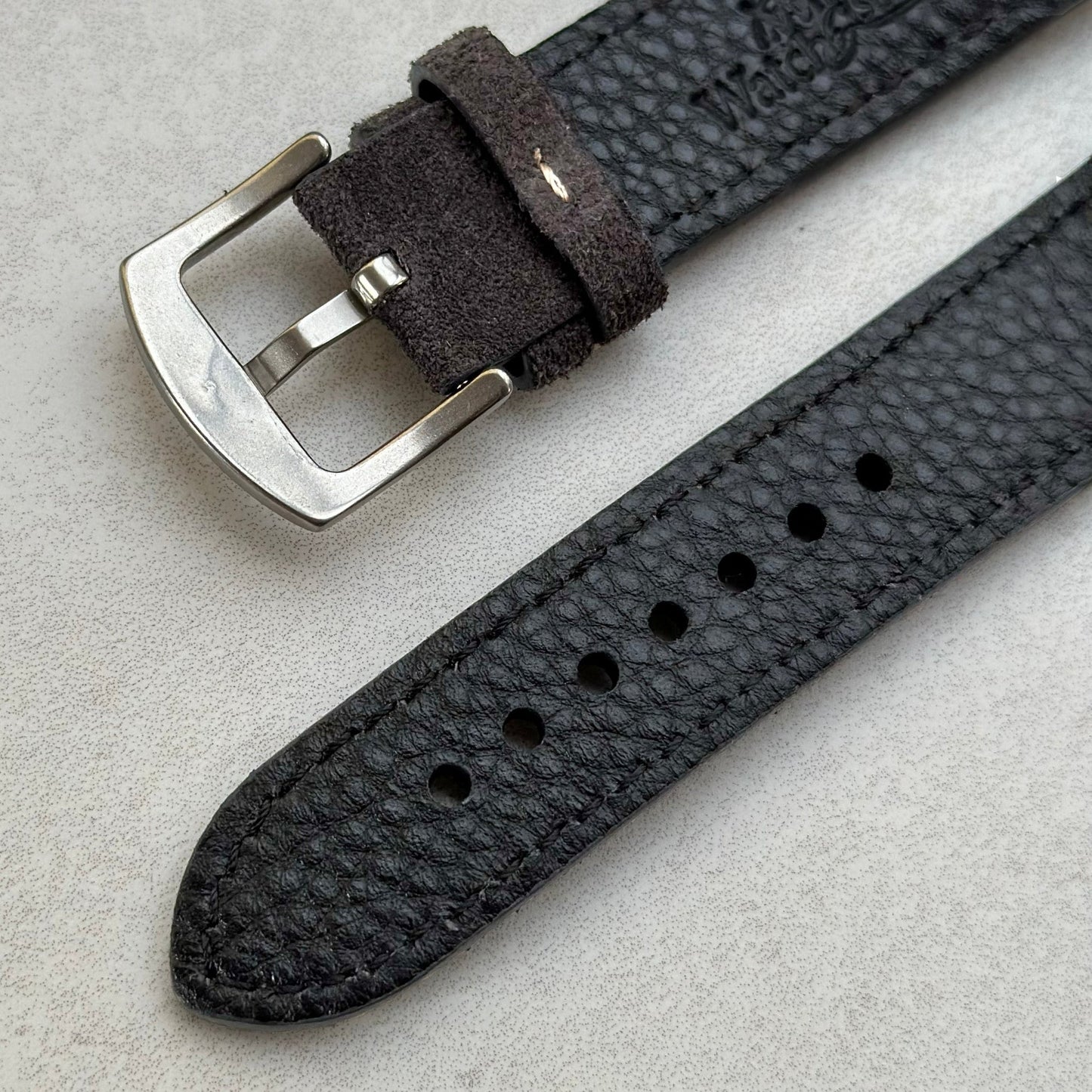 Brushed 316L stainless steel buckle on the Paris gunmetal grey suede watch strap. Watch And Strap.