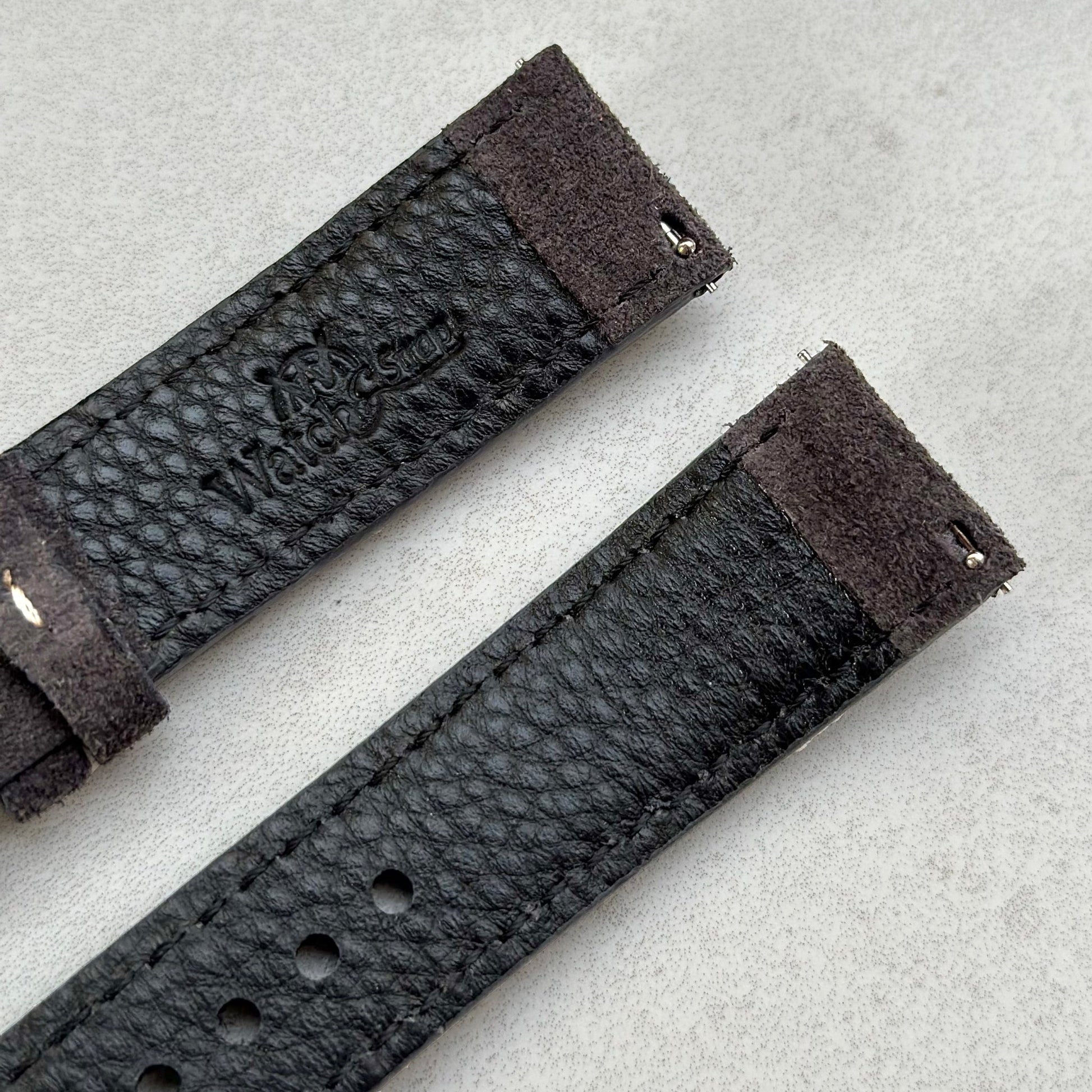 Quick release pins on the Paris gunmetal grey suede watch strap. Watch And Strap.