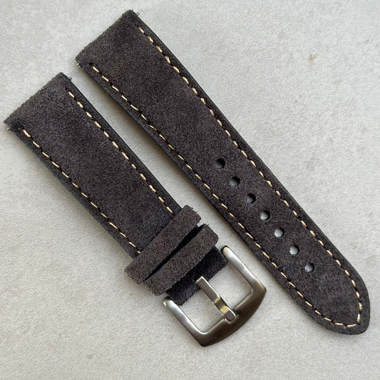 Paris gunmetal suede watch strap. Contrast ivory stitching. 18mm, 20mm, 22mm, 24mm. Stainless steel buckle. Watch And Strap.