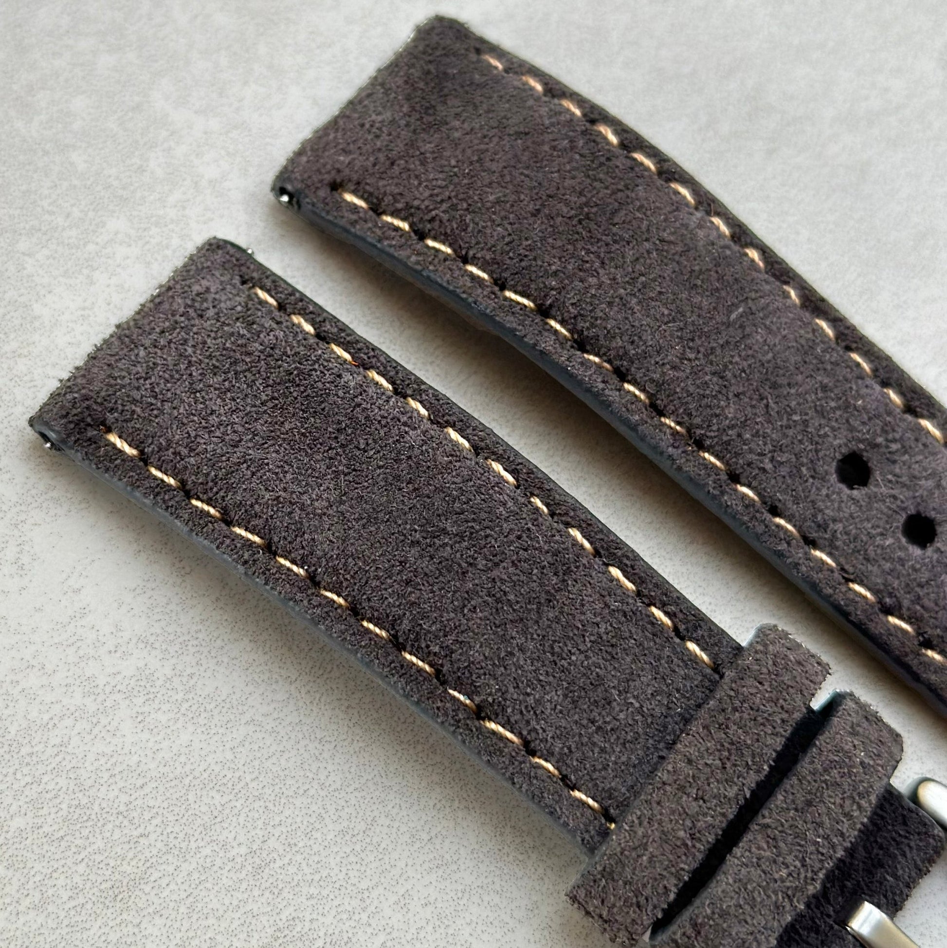 Top of the Paris gunmetal grey suede watch strap. Padded suede strap. Contrast ivory stitching. Watch And Strap.