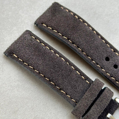 Top of the Paris gunmetal grey suede watch strap. Padded suede strap. Contrast ivory stitching. Watch And Strap.