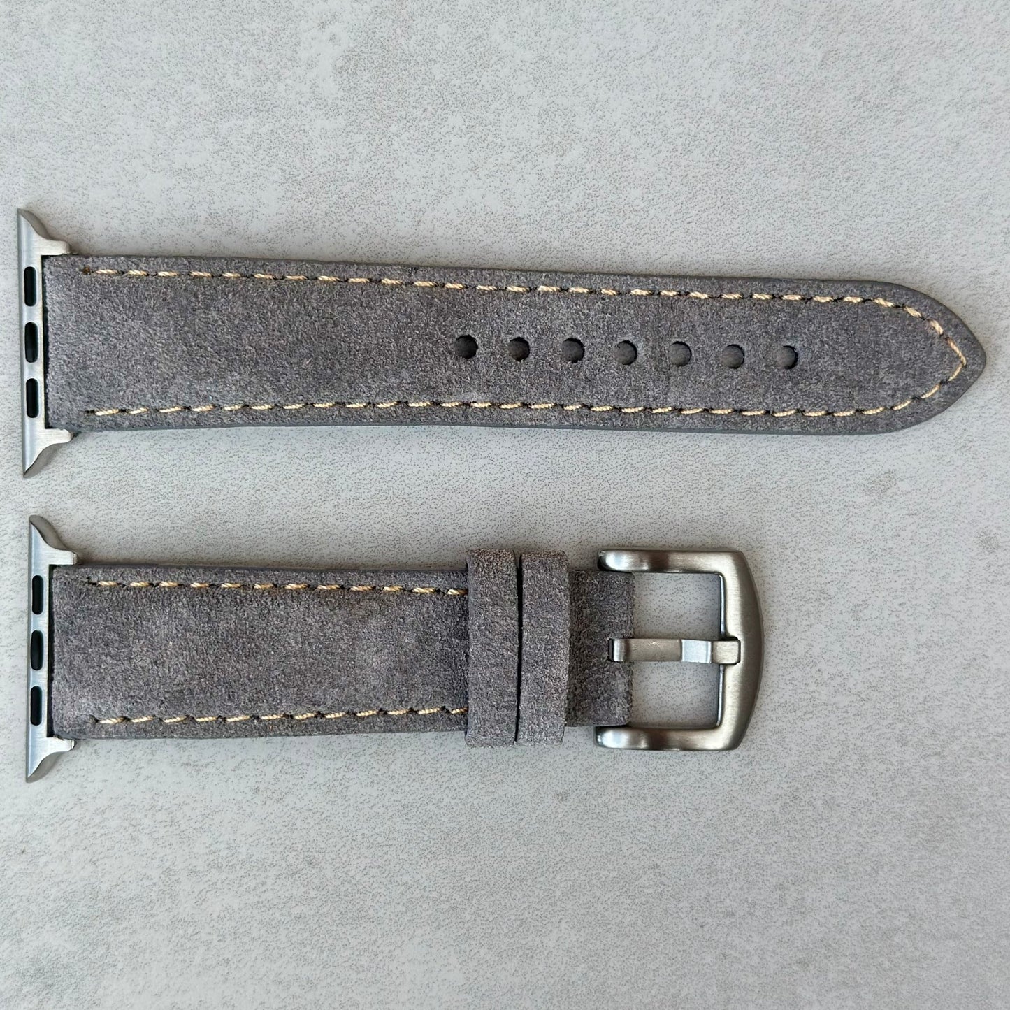 Paris light grey suede Apple Watch strap. Apple Watch series 3, 4, 5, 6, 7, 8, 9, SE and Ultra. Watch And Strap.
