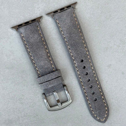 Paris light grey suede Apple Watch strap. Apple Watch series 3, 4, 5, 6, 7, 8, 9, SE and Ultra. Watch And Strap.