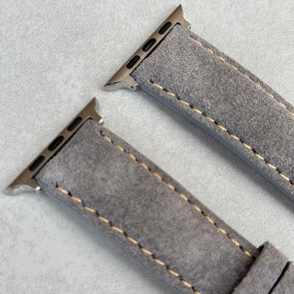 Top of the Paris light grey suede Apple Watch strap. Contrast ivory stitching. Padded suede watch strap. Watch And Strap.