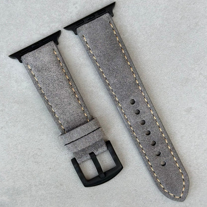 Paris light grey suede Apple Watch strap. Apple Watch series 3, 4, 5, 6, 7, 8, 9, SE and Ultra. PVD black hardware.