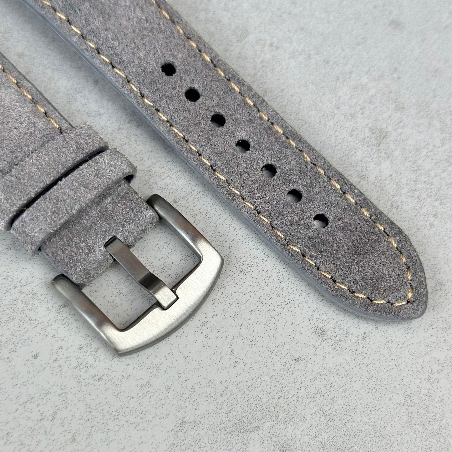 Brushed 316L stainless steel buckle on the Paris light grey suede Apple Watch strap. Watch And Strap.