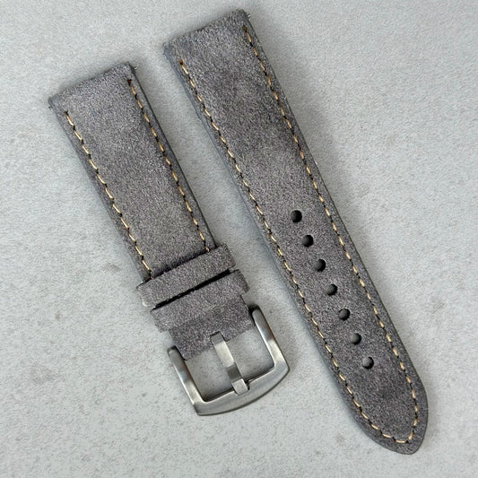 Paris light grey suede watch strap. 18mm, 20mm, 22mm, 24mm. Contrast ivory stitching. Watch And Strap.