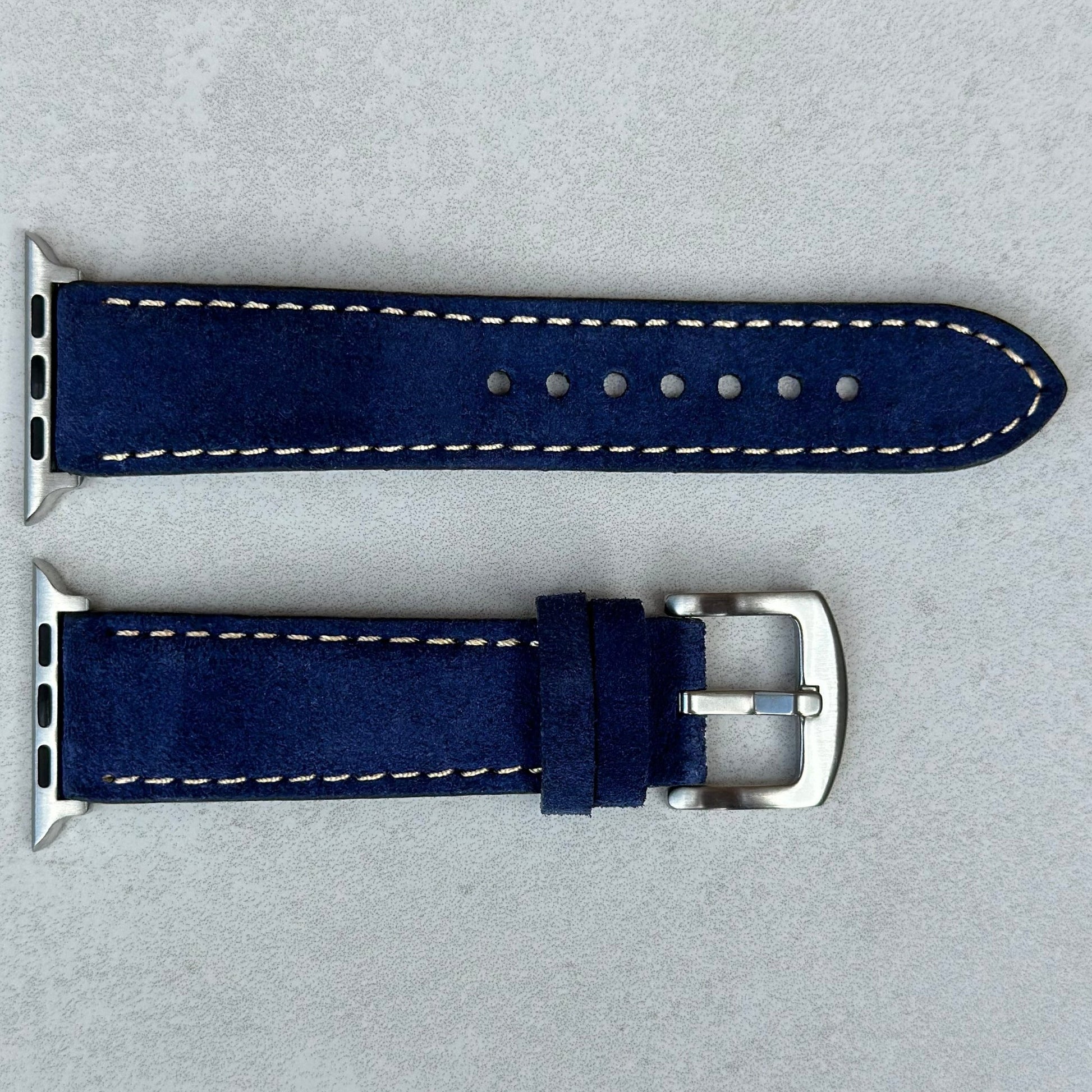 Paris navy blue suede Apple Watch strap. Contrast ivory stitching. Apple Watch Series 3, 4, 5, 6, 7, 8, 9, SE and Ultra.