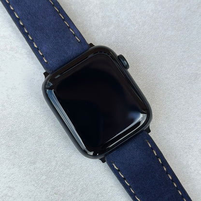 Paris navy blue suede watch strap on the Apple Watch series 9. Ivory stitching. Padded Apple Watch strap. Watch And Strap