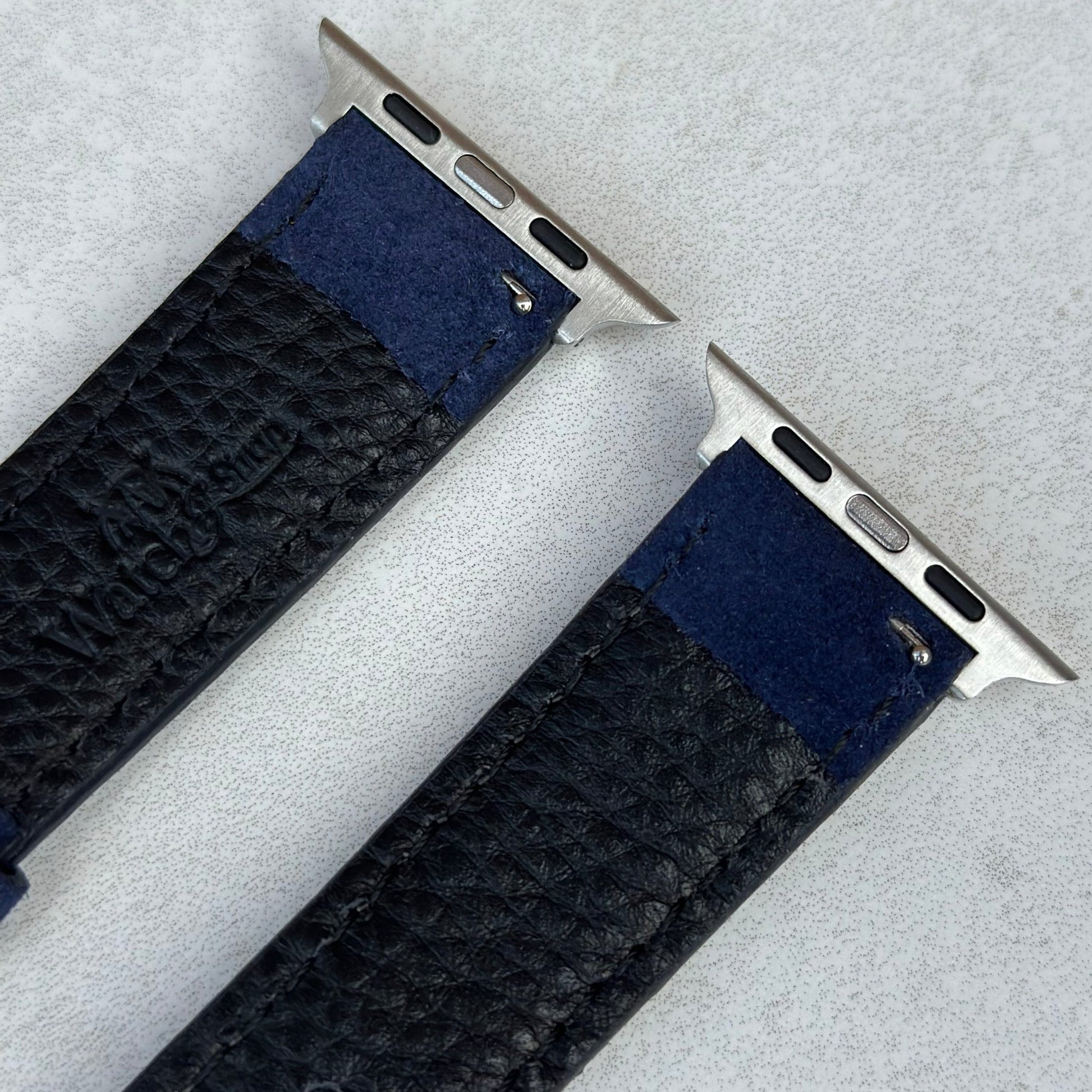 Rear top of the Paris navy blue suede Apple Watch strap. Stainless steel hardware. Watch And Strap.
