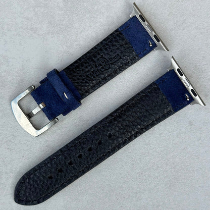 Rear of the Paris navy blue suede Apple Watch strap. Watch And Strap logo. Series 3, 4, 5, 6, 7, 8, 9, SE and Ultra.