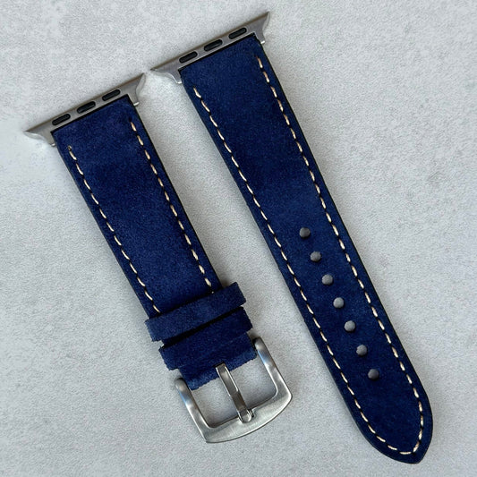 Paris navy blue suede Apple Watch strap. Contrast ivory stitching. Apple Watch Series 3, 4, 5, 6, 7, 8, 9, SE and Ultra.