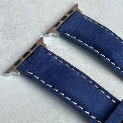 Top of the Paris navy blue suede Apple Watch strap. Ivory stitching. Padded suede watch strap. Watch and Strap