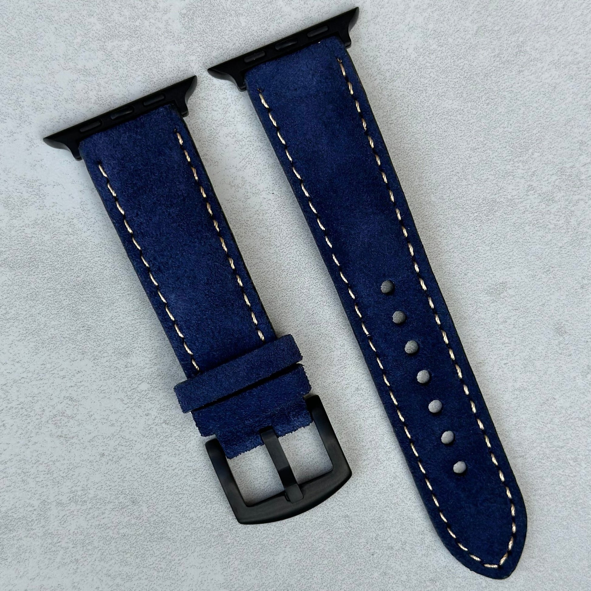 Paris navy blue suede Apple Watch strap. Ivory stitching. PVD black. Apple Watch Series 3, 4, 5, 6, 7, 8, 9, SE and Ultra.
