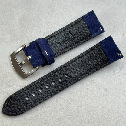Rear of the Paris navy blue suede watch strap. Watch And Strap logo. Quick release pins.