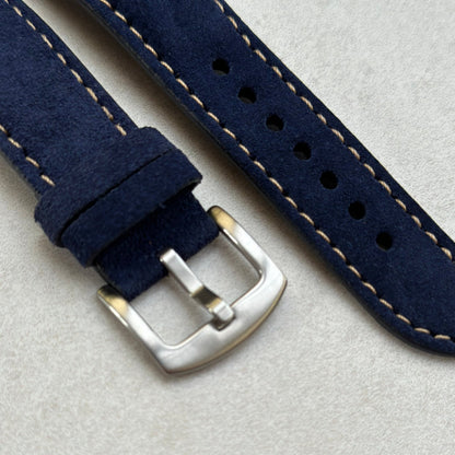 Brushed 316L stainless steel buckle on the Paris navy blue suede watch strap. Watch And Strap.