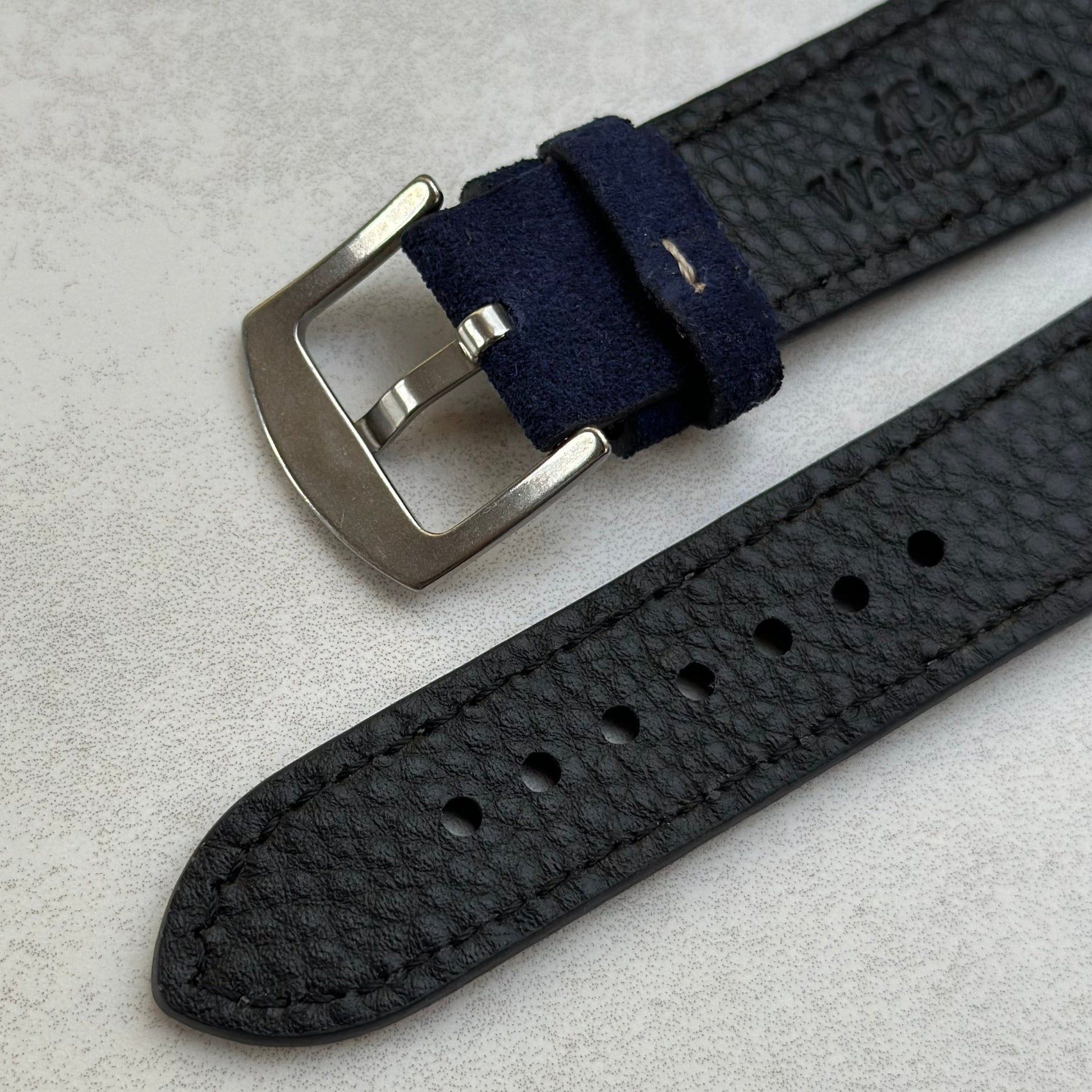 Stainless steel buckle on the Paris navy blue watch strap. 18mm, 20mm, 22mm, 24mm. Watch And Strap.