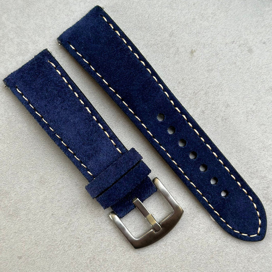 Paris navy suede watch strap with ivory stitching. Padded suede watch strap. 18mm, 20mm, 22mm, 24mm. Watch and Strap