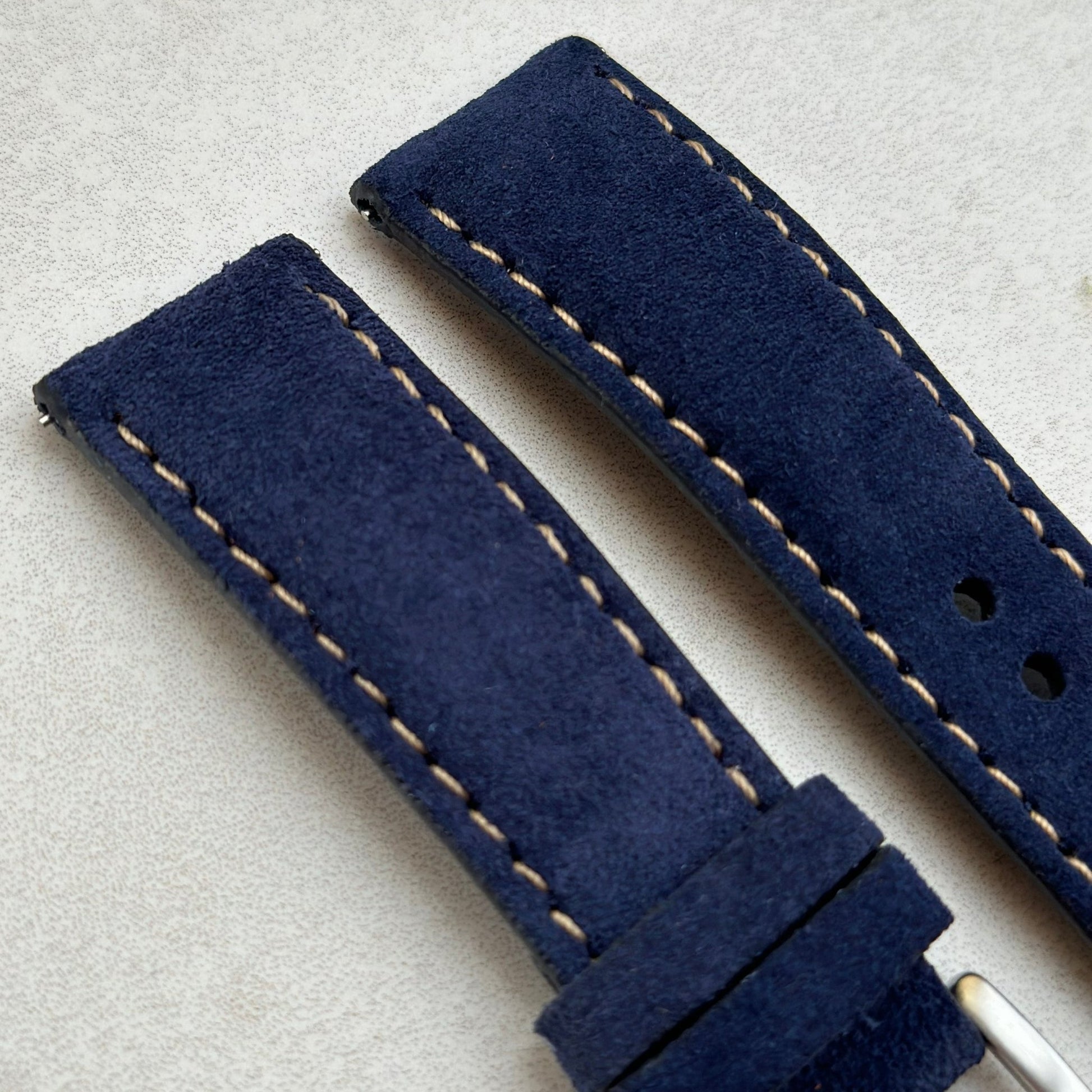 Top of the Paris navy blue suede watch strap. Ivory stitching. Padded suede watch strap. 18mm, 20mm, 22mm, 24mm.