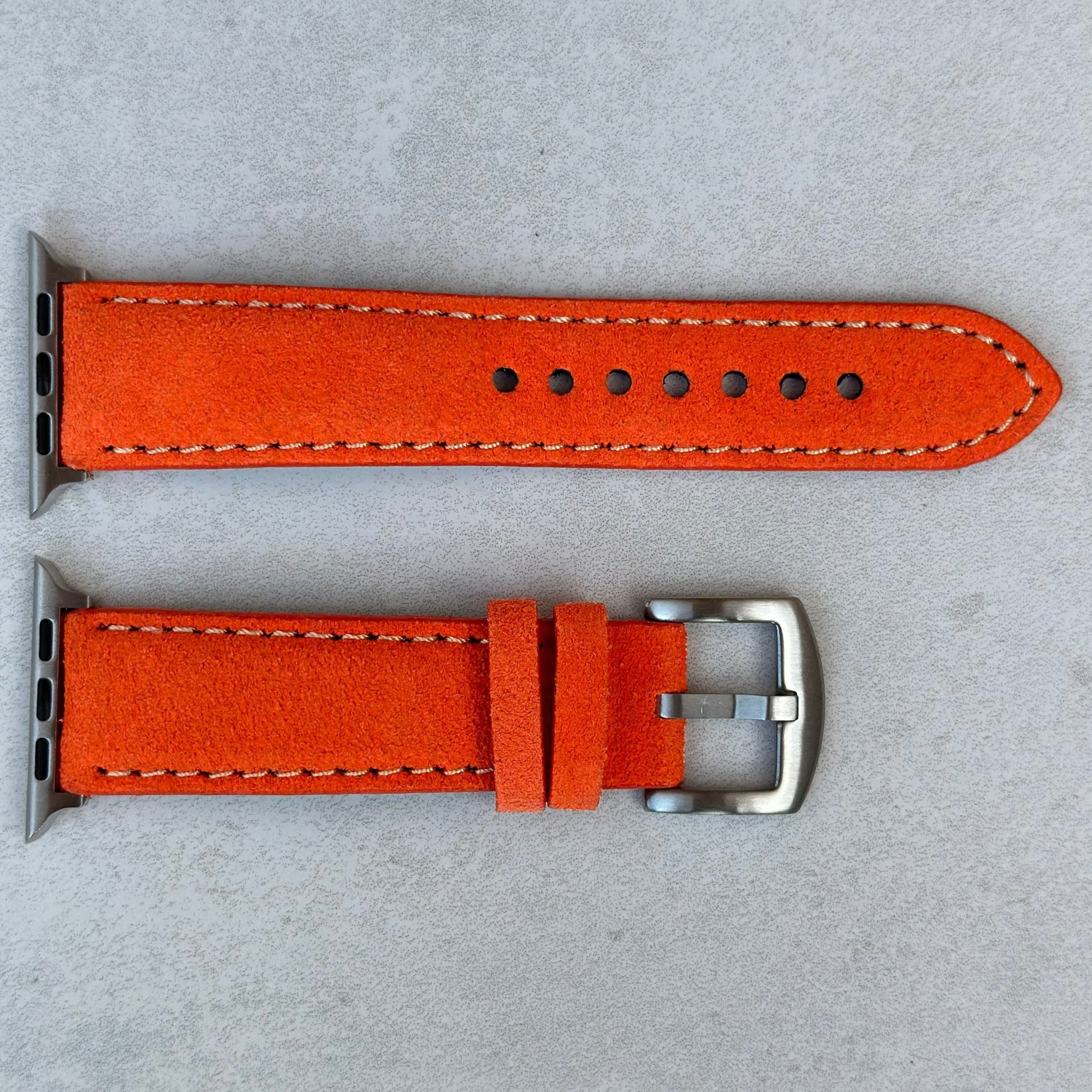 Paris orange suede Apple Watch strap. Apple Watch series 3, 4, 5, 6, 7, 8, 9, SE and Ultra. Watch And Strap.