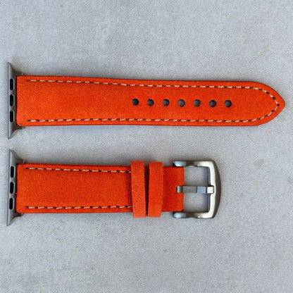 Paris orange suede Apple Watch strap. Apple Watch series 3, 4, 5, 6, 7, 8, 9, SE and Ultra. Watch And Strap.
