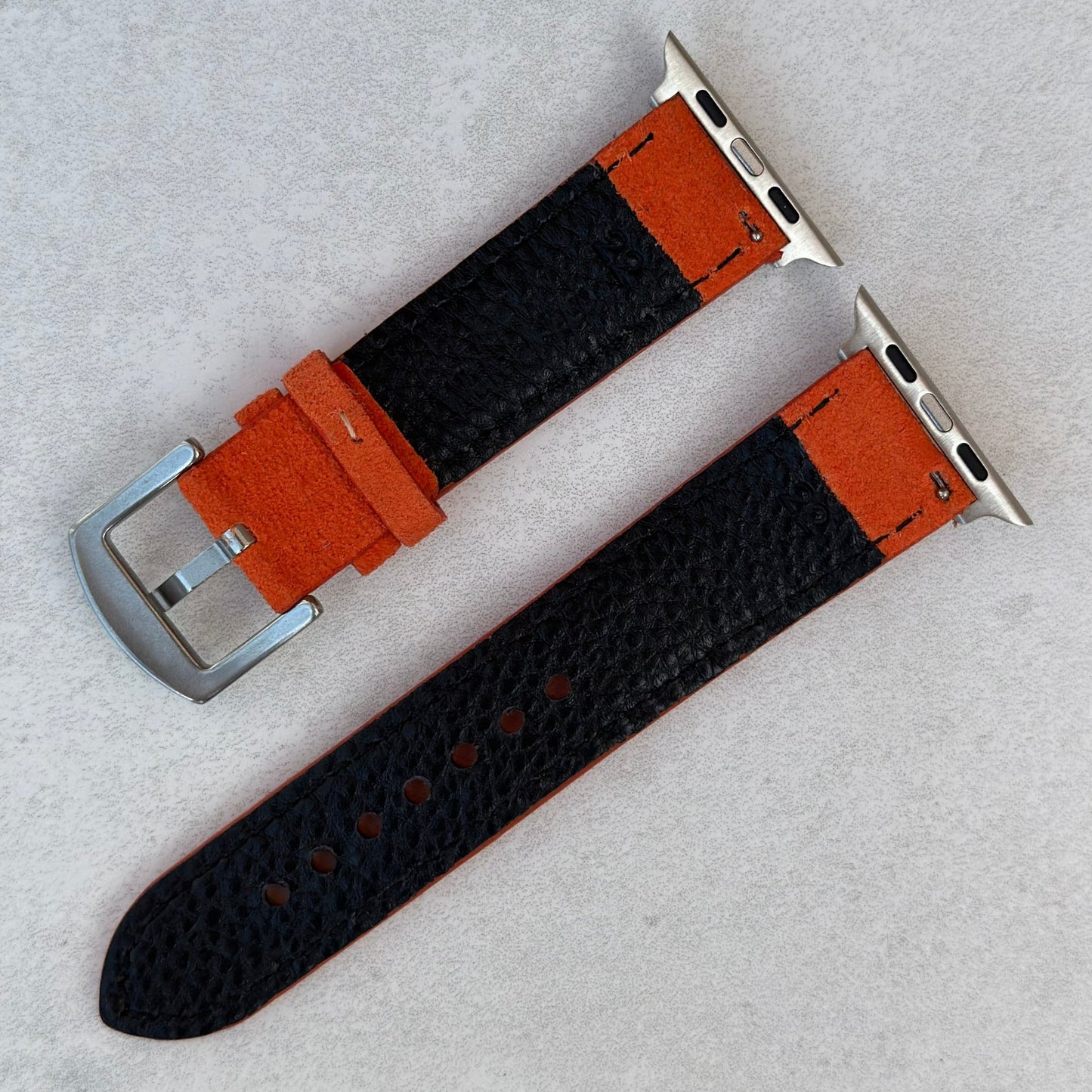 Rear of the Paris orange suede Apple Watch strap. Watch And Strap logo. Series 3, 4, 5, 6, 7, 8, 9, SE and Ultra.