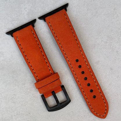 Paris orange suede Apple Watch strap. PVD Black. Apple Watch series 3, 4, 5, 6, 7, 8, 9, SE and Ultra. Watch And Strap.