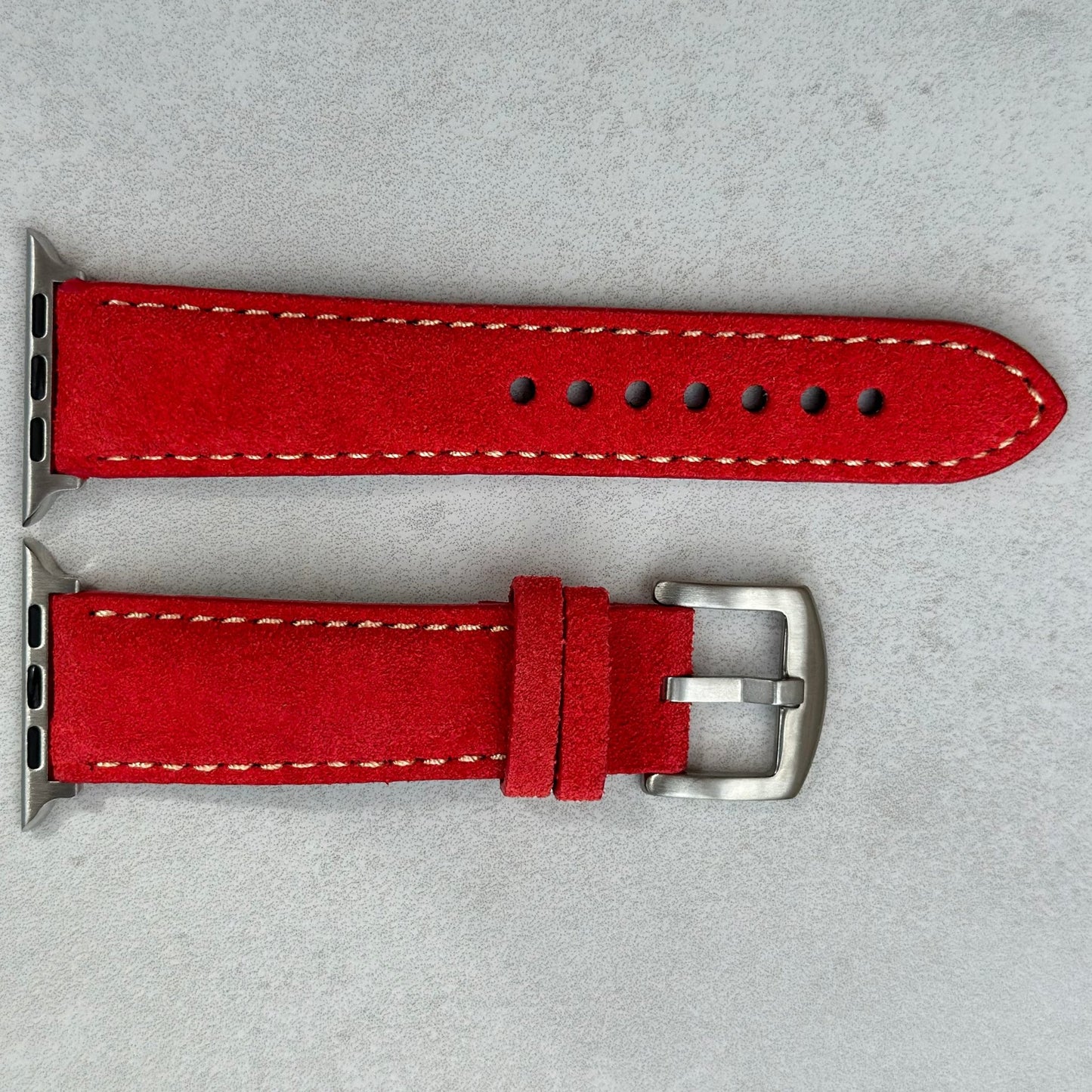 Paris ruby red suede Apple Watch strap. Contrast ivory stitching. Series 3, 4, 5, 6, 7, 8, 9, SE and Ultra. Watch And Strap