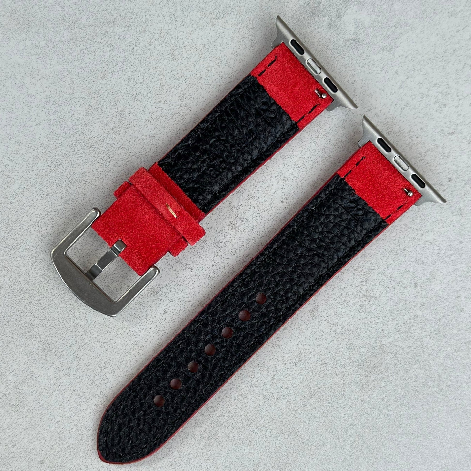 Underside of the Paris ruby red suede watch strap. Watch And Strap logo.