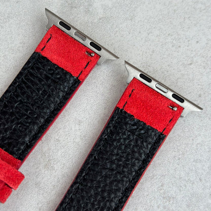 Rear top of the Paris ruby red suede watch strap. Stainless steel Apple Watch connectors. Watch And Strap.