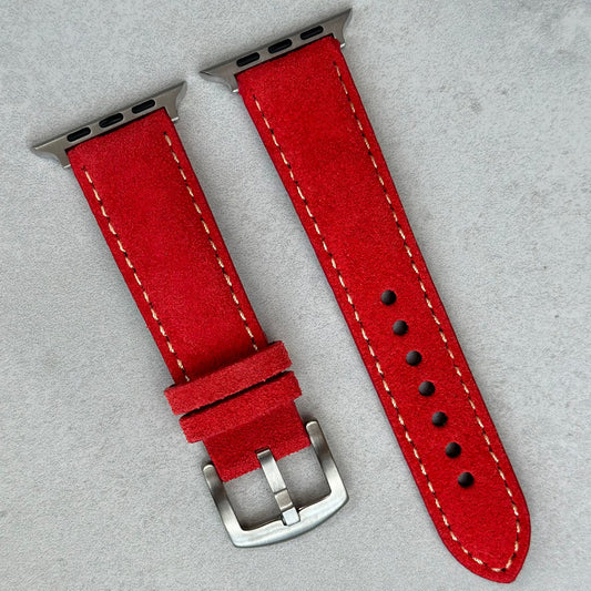 Paris ruby red suede Apple Watch strap. Contrast ivory stitching. Series 3, 4, 5, 6, 7, 8, 9, SE and Ultra. Watch And Strap