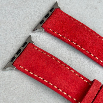 Top of the Paris ruby red suede watch strap. Padded suede watch strap. Contrast ivory stitching. Watch And Strap.