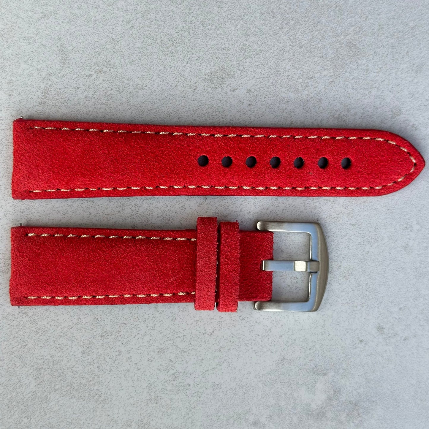 Paris ruby red suede watch strap. Ivory stitching. Padded suede strap. 18mm, 20mm, 22mm, 24mm. Watch And Strap.