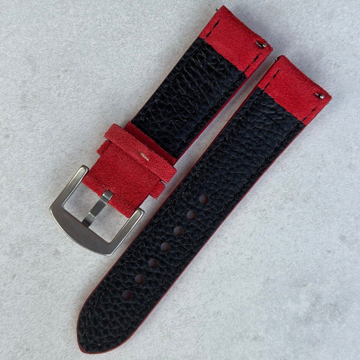 Rear of the Paris ruby red suede watch strap. Quick release pins. Watch And Strap.