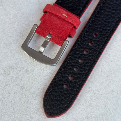 Underside buckle of the Paris ruby red suede watch strap. Watch And Strap.