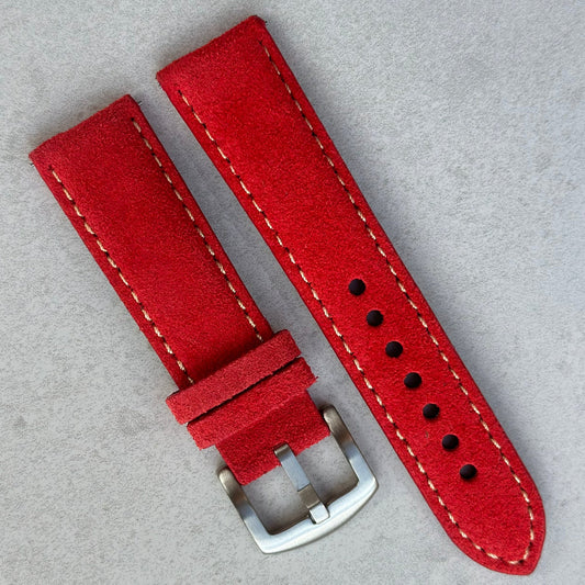 Paris ruby red suede watch strap. Ivory stitching. 18mm, 20mm, 22mm, 24mm. Watch And Strap.