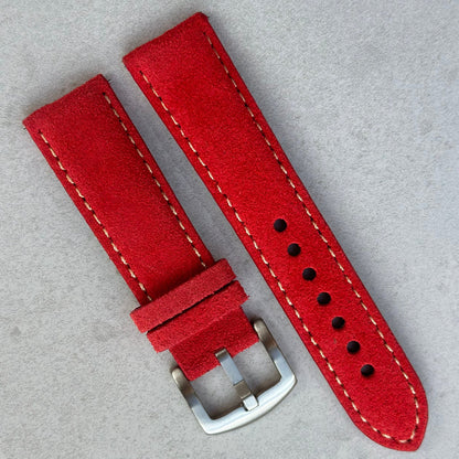 Paris ruby red suede watch strap. Ivory stitching. 18mm, 20mm, 22mm, 24mm. Watch And Strap.