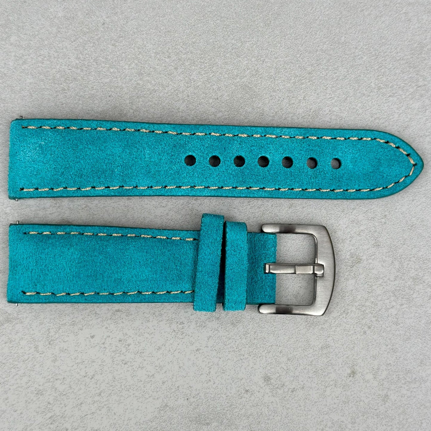 Paris turquoise suede watch strap with contrast ivory stitching. 18mm, 20mm, 22mm, 24mm. Watch And Strap.