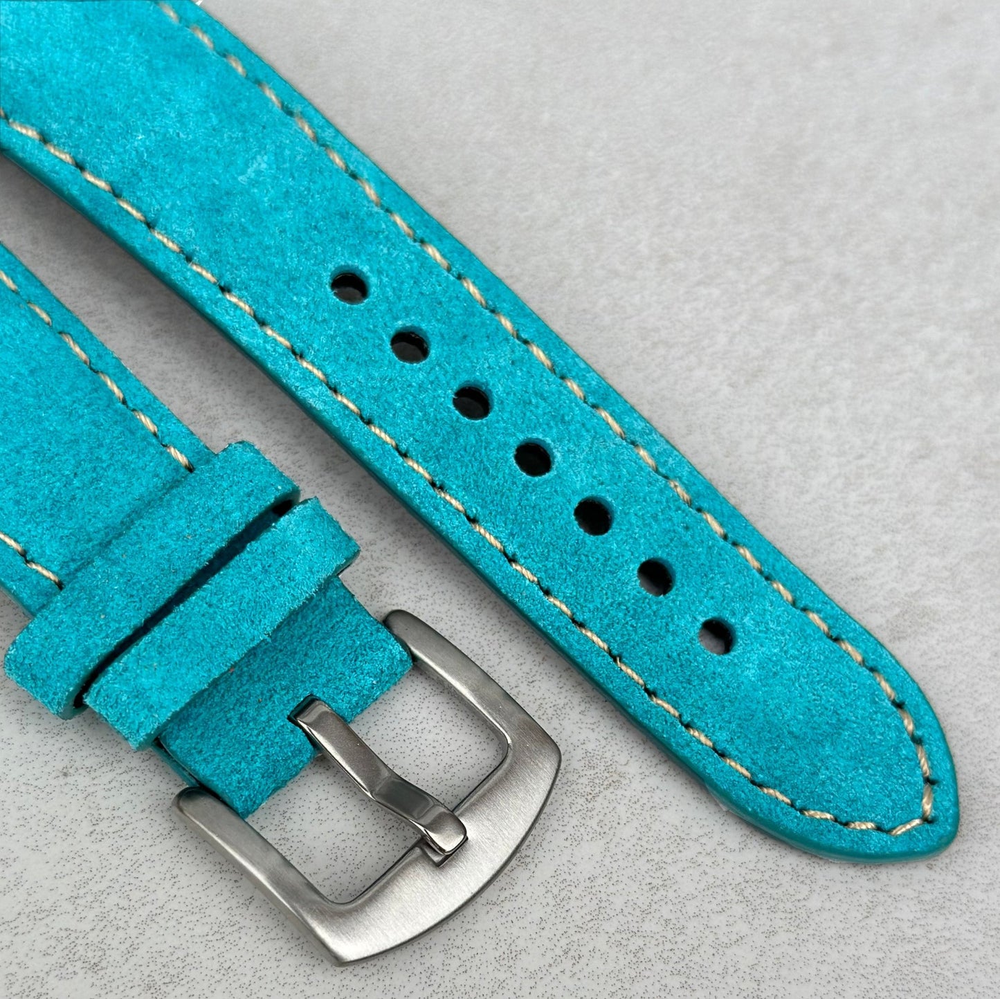 Brushed 316L stainless steel buckle on the Paris turquoise suede watch strap. Watch And Strap.