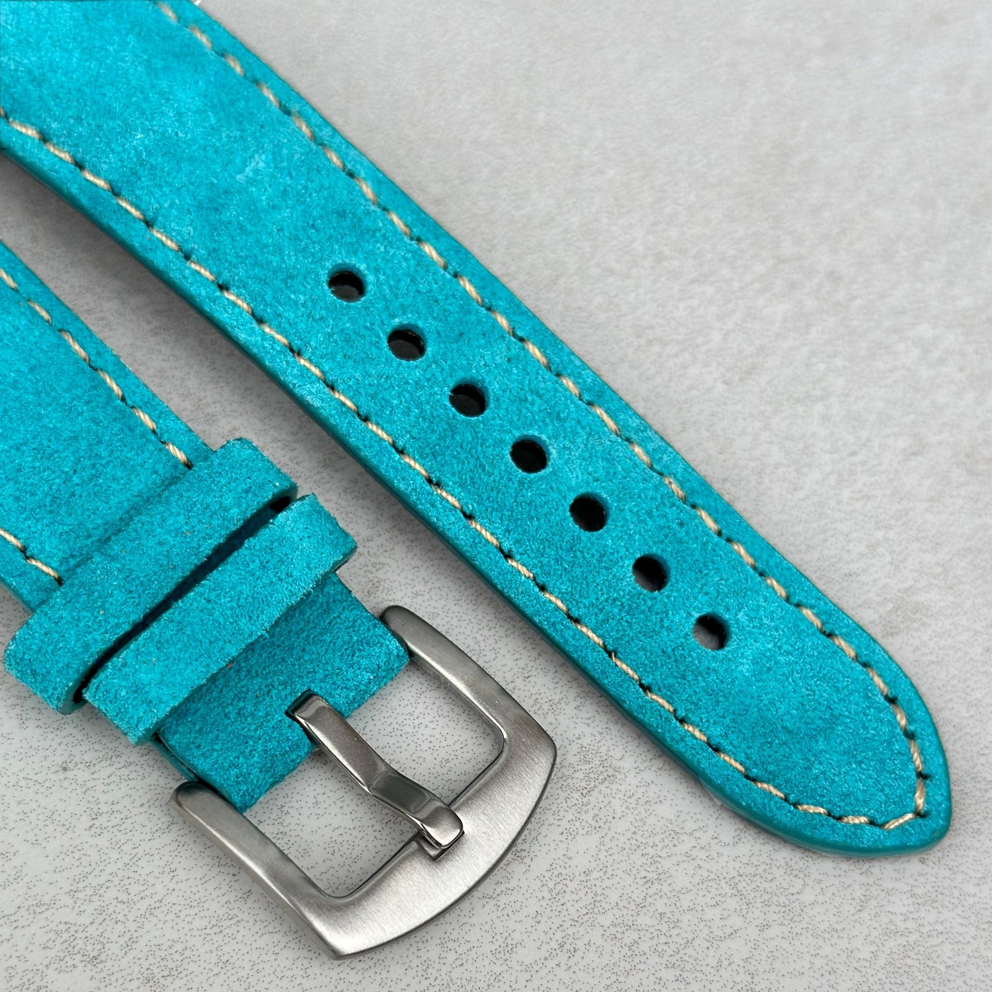 Brushed 316L stainless steel buckle on the Paris turquoise suede watch strap. Watch And Strap.