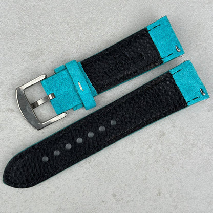 Underside of the Paris turquoise suede watch strap. Quick release pins. Watch And Strap logo. 18mm, 20mm, 22mm, 24mm.