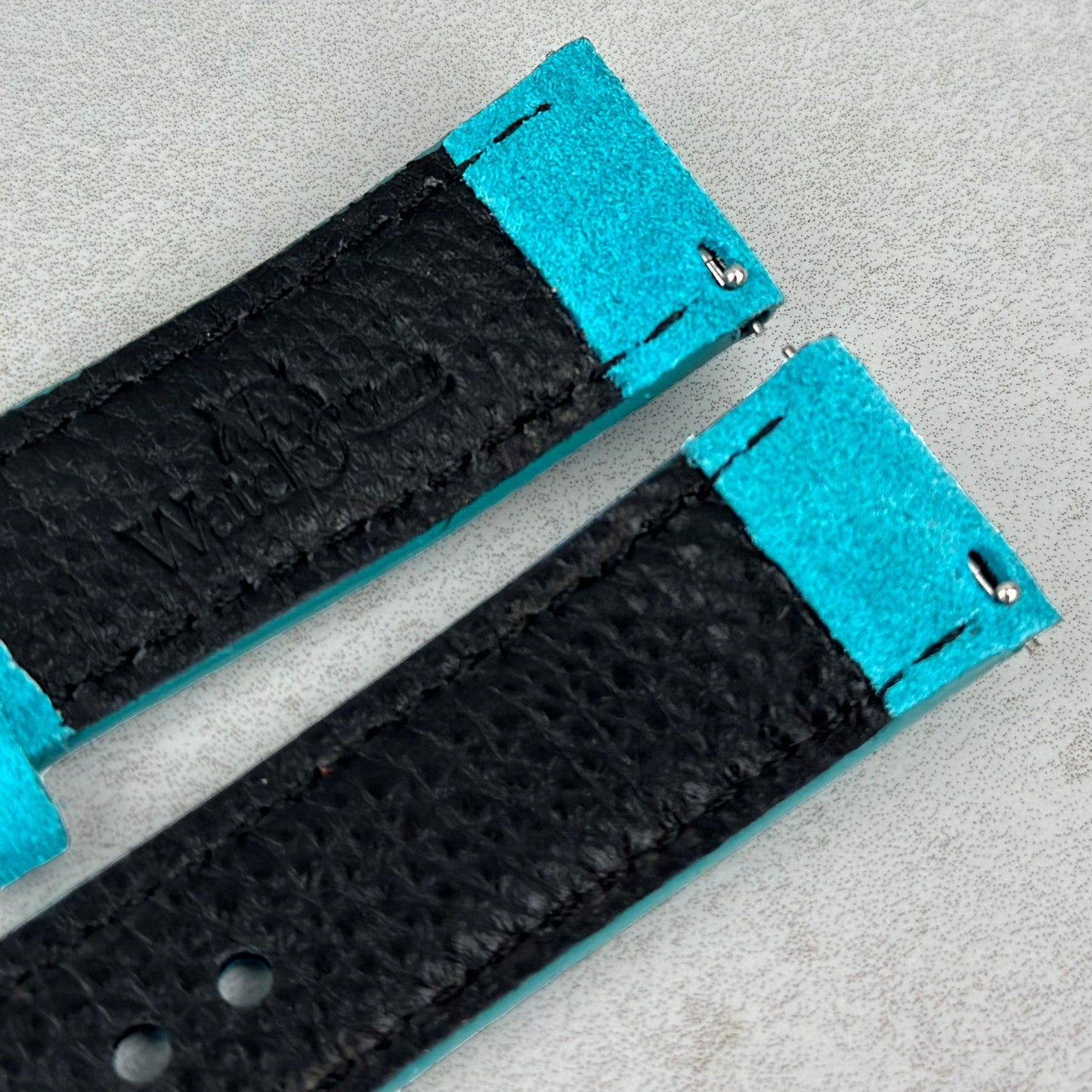 Quick release pins on the Paris turquoise suede watch strap. Watch And Strap.