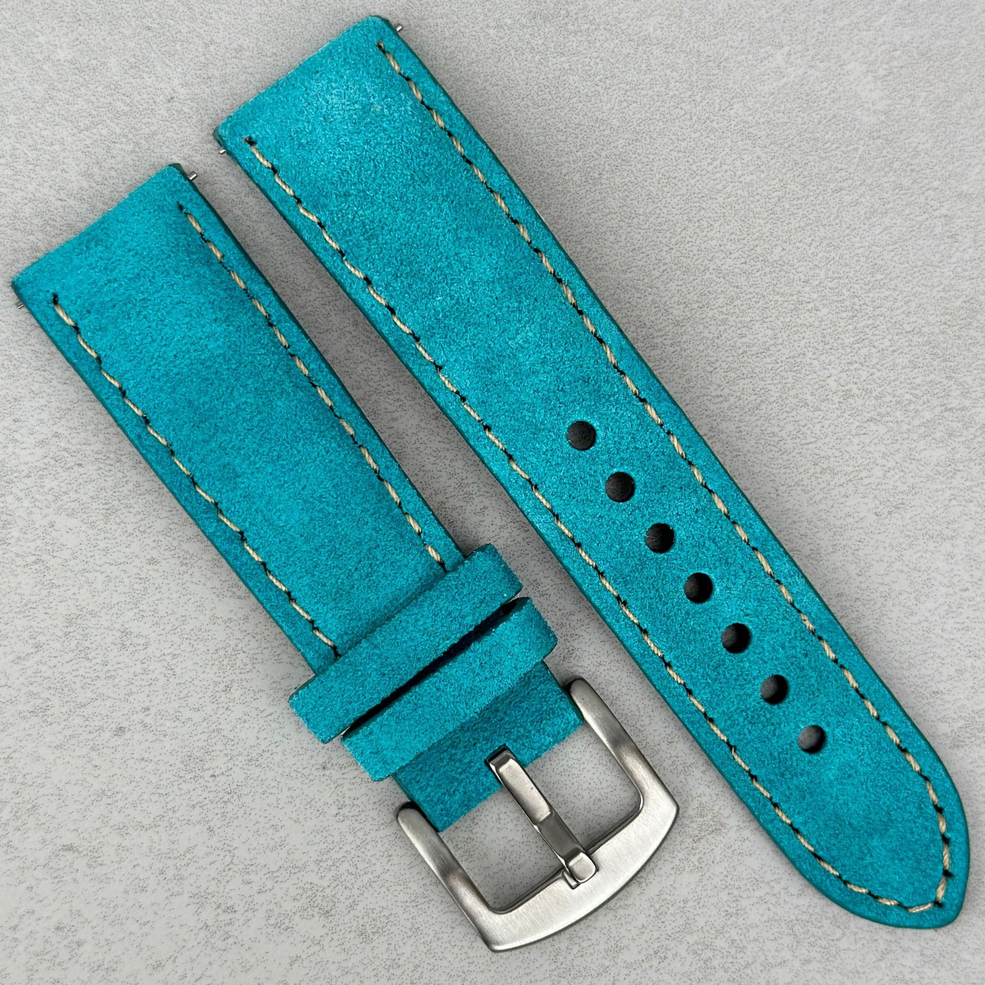 Paris turquoise suede watch strap with contrast ivory stitching. 18mm, 20mm, 22mm, 24mm. Watch And Strap.