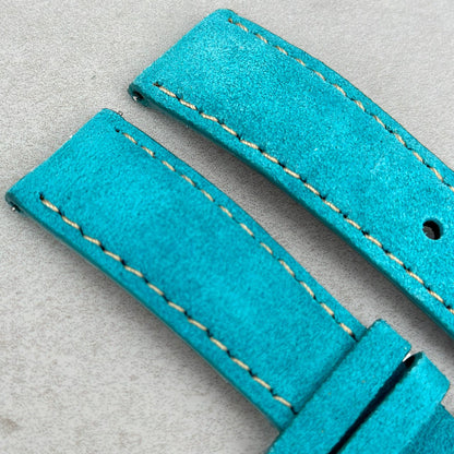 Top of the Paris turquoise suede watch strap. Padded suede watch strap. Ivory stitching. Watch And Strap.